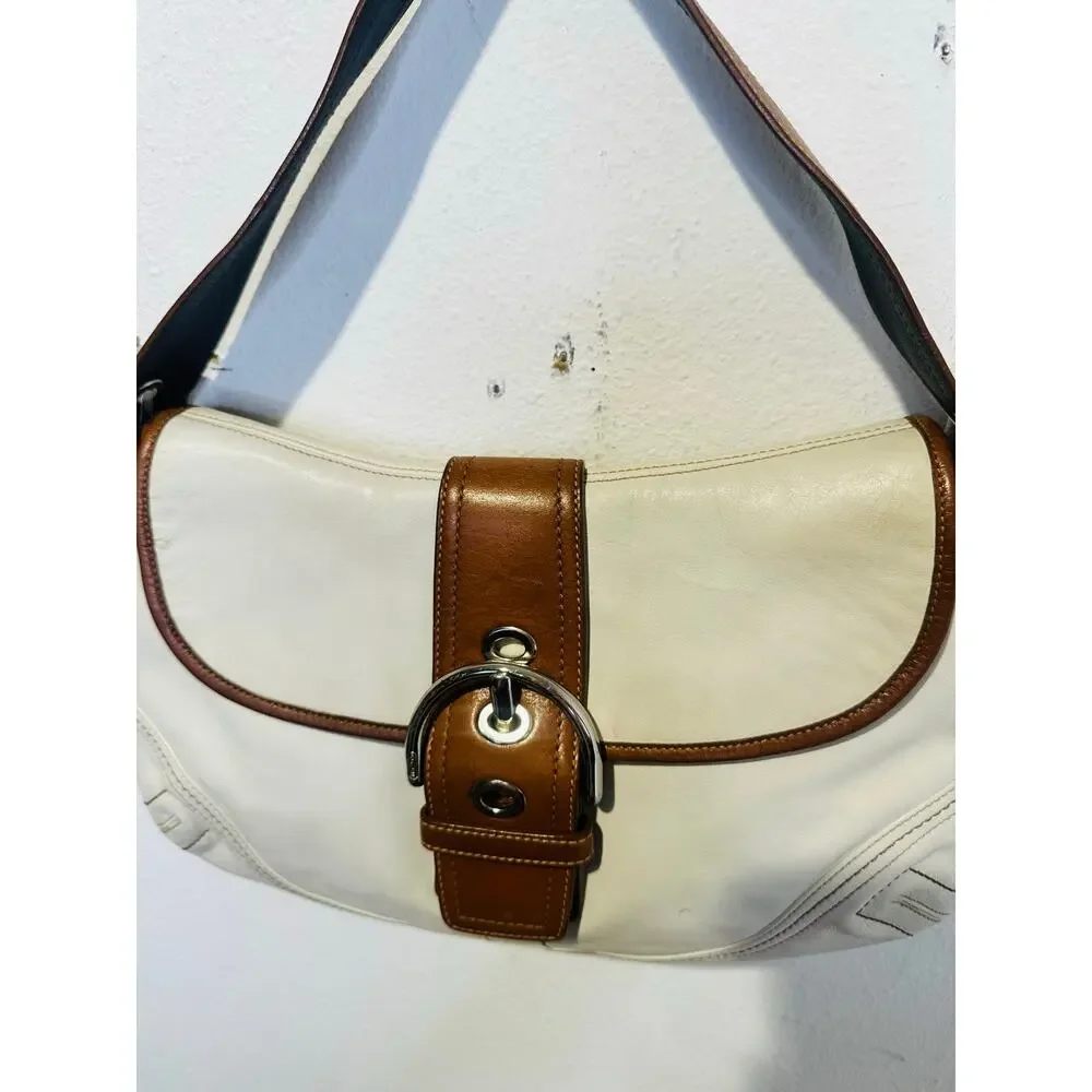 COACH White Brown Saddle SoHo Leather Hobo Leather Handbag F10192